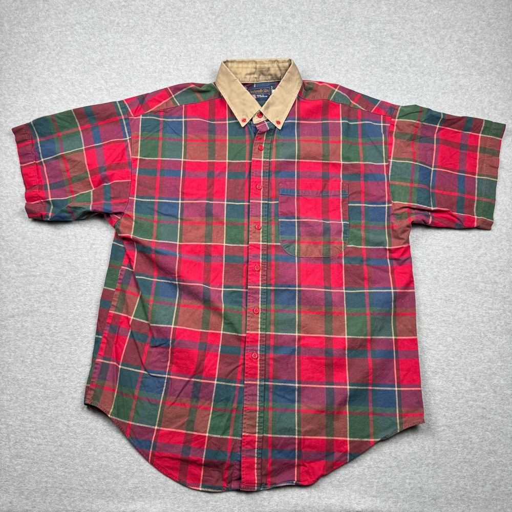 Panhandle Slim Mens XL Plaid Western Short Sleeve Shirt Red Green Tan Collar